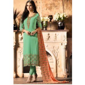 Embroidered Georgette Straight Suit in Light Green